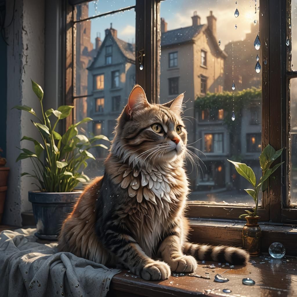 Cat Watching Morning Light: Detailed Matte Painting