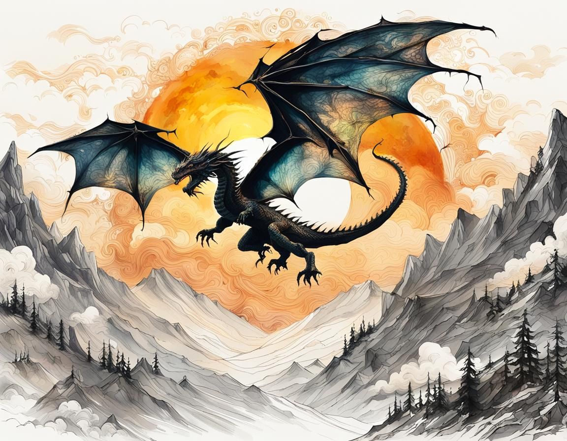 Dragon Silhouette Soaring Against Blinding Sun, Ink Art