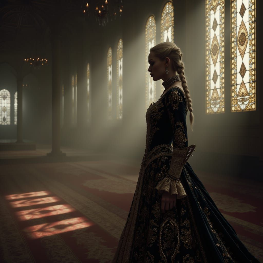 Tsarina Evdokija in Opulent Ballroom: Pre-Raphaelite Style