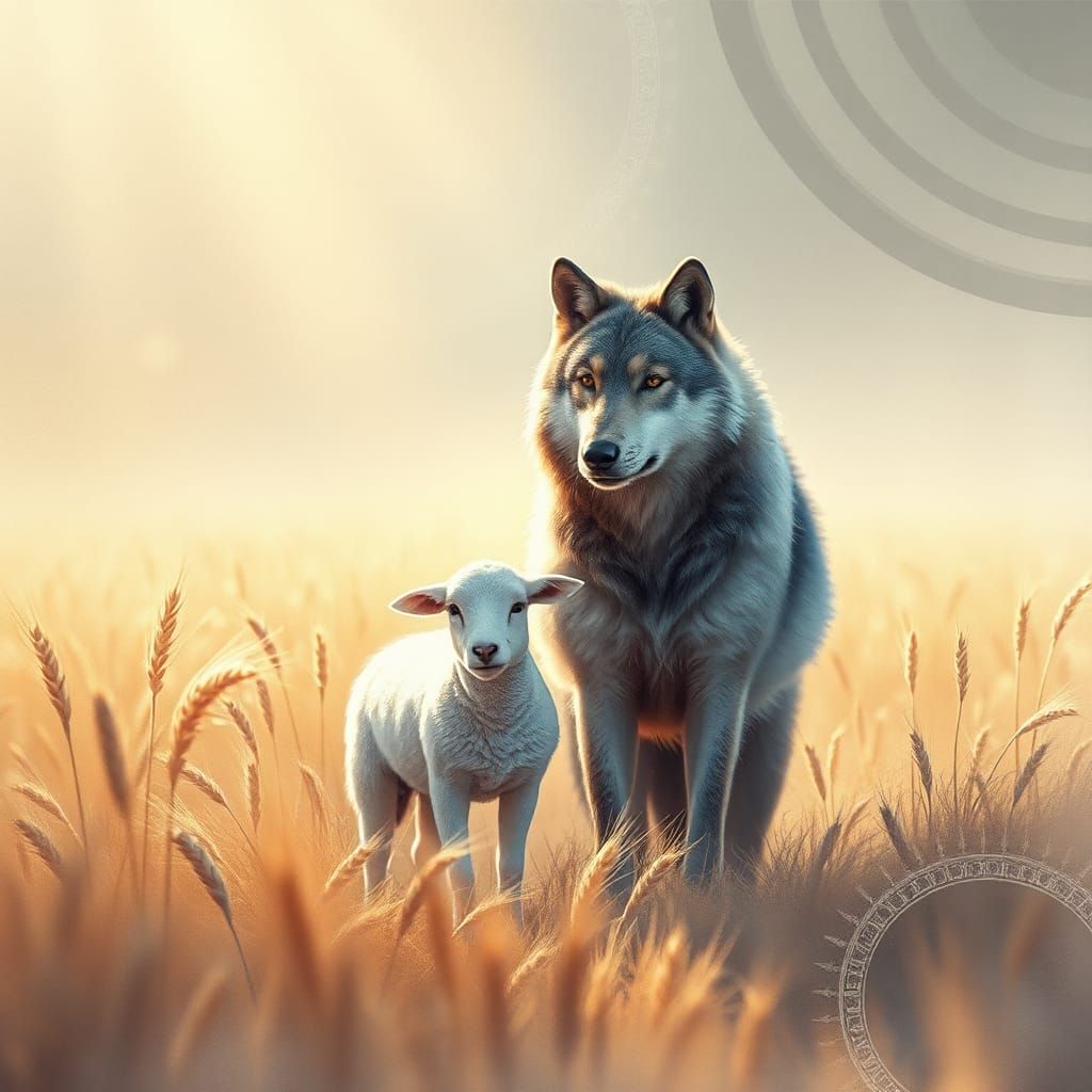 Wolf and Sheep in Wheat Field: Watercolor Painting