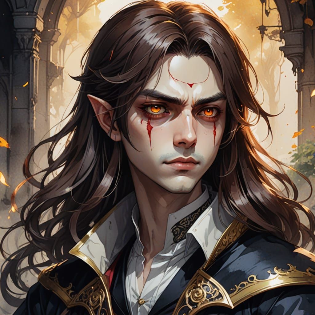 Ethereal Vampire Portrait in Soft Focus Watercolor Style