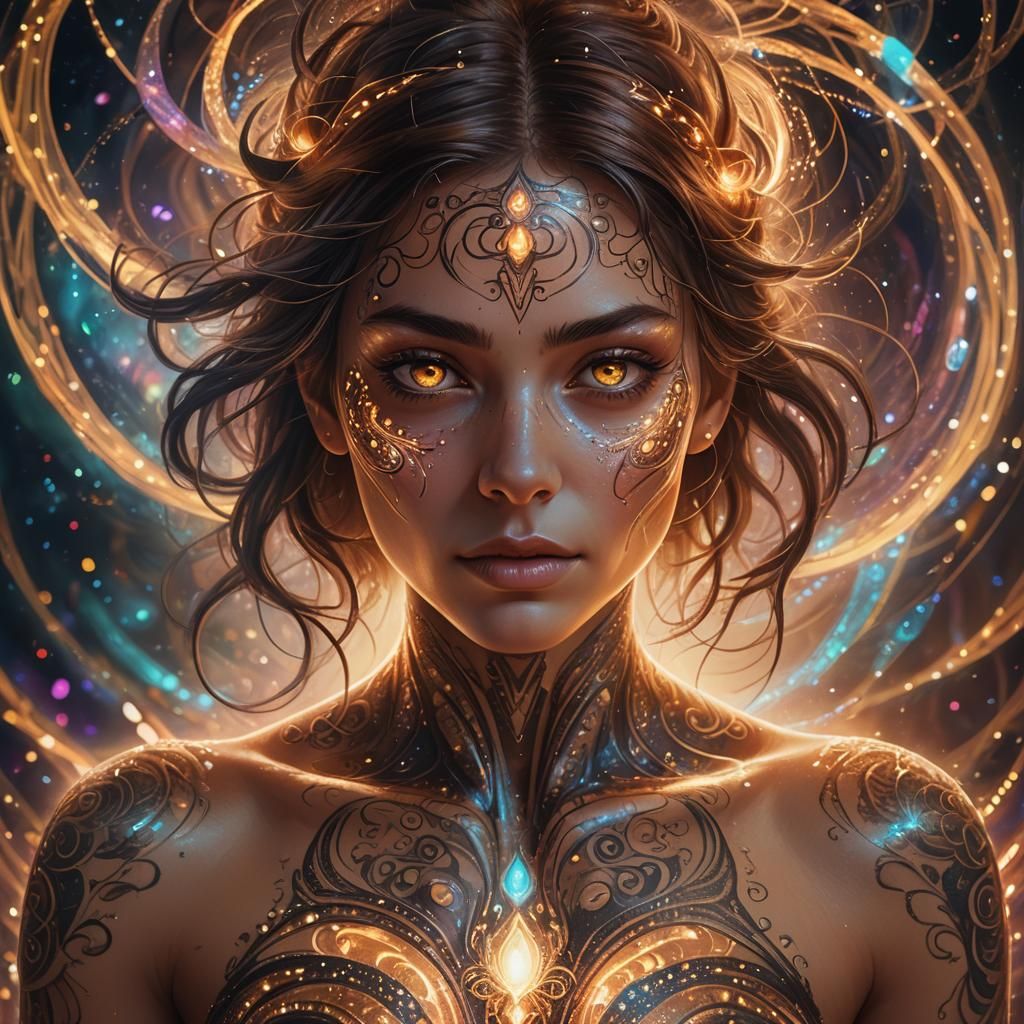 Mystifying Woman with Glowing Tattoos in Digital Art