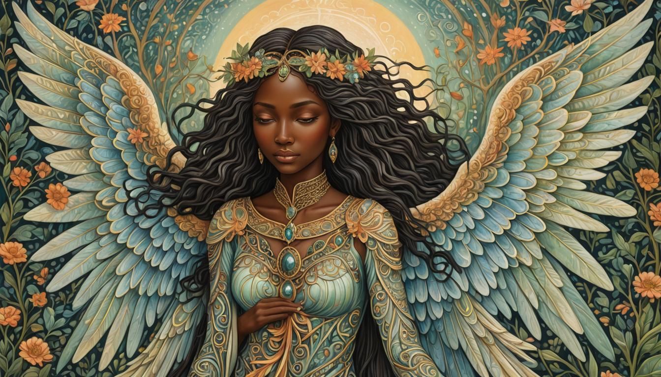 Melanin Angel with Majestic Wings in Secret Garden