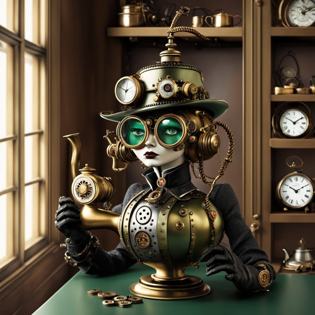 Steampunk Lady Examines Ornate Tea Pot in Edwardian Kitchen