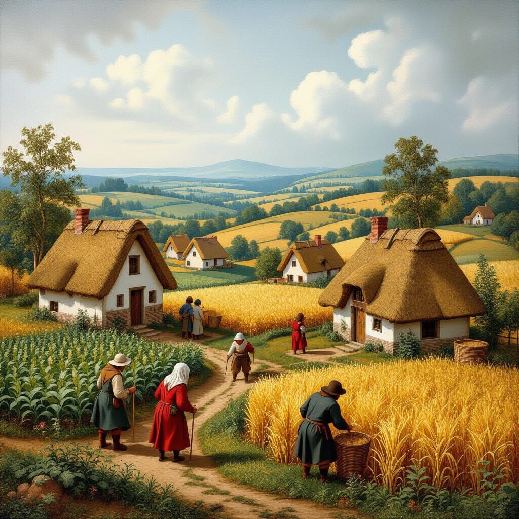 Idyllic Medieval Landscape Painting with Peasants