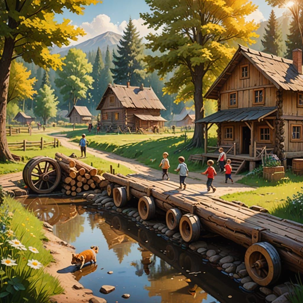Idyllic Village Scene with Wooden Houses and Children at Pla...