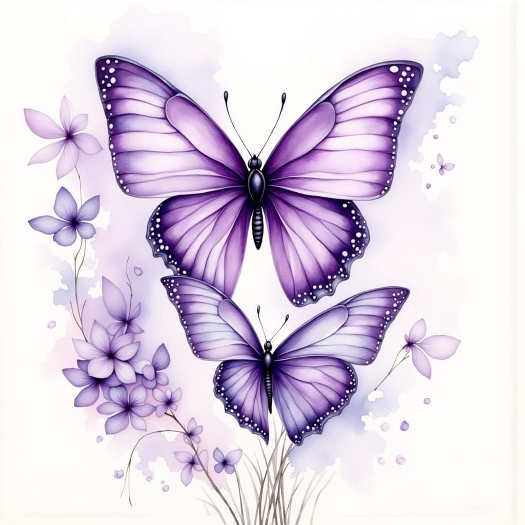 Delicate Purple Butterflies Watercolor Painting
