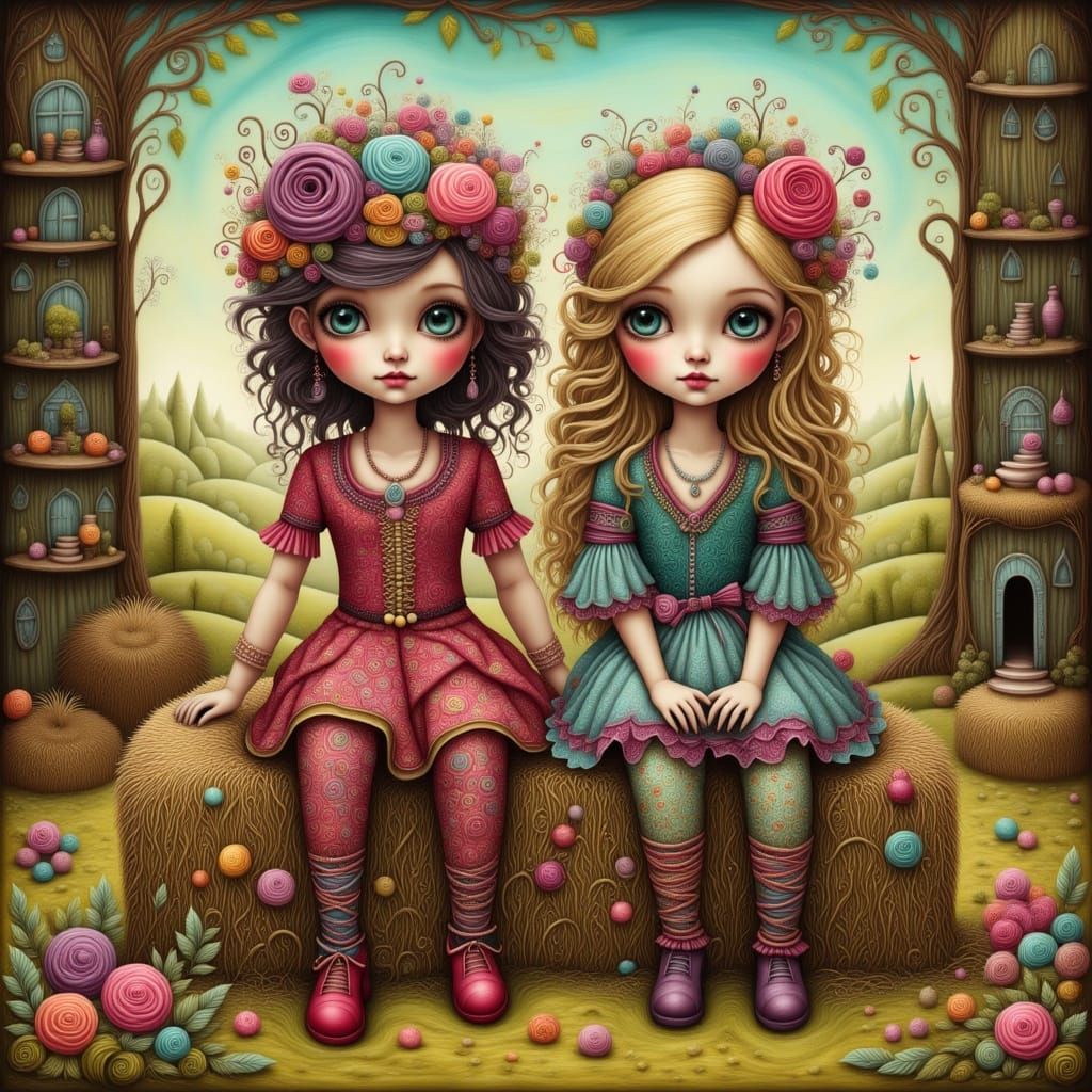 Two Girls in Boho Clothing on Farm as Oil Painting