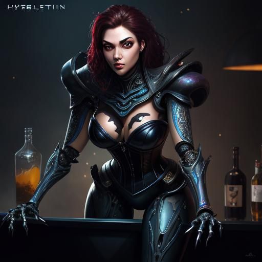 Voluptuous Alien Robot Bartender in Hyperrealistic Style