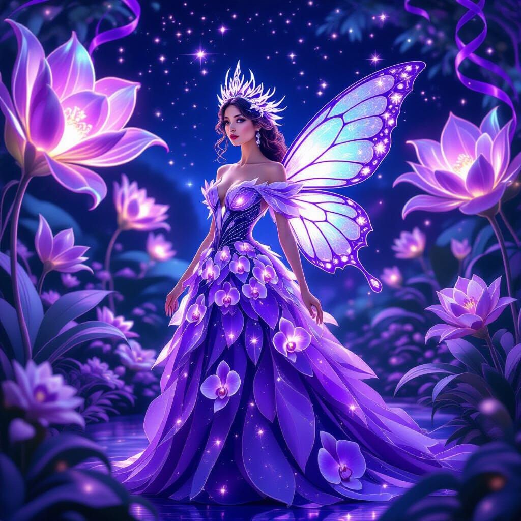 Woman in Orchid Gown in Cosmic Garden