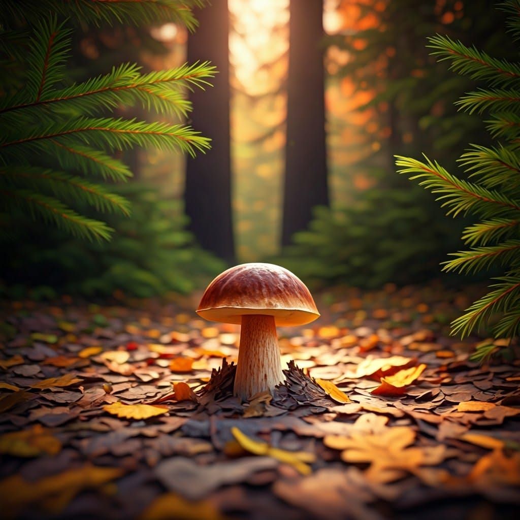 Boletus Mushroom in Autumn Forest, Hyperrealistic Detail