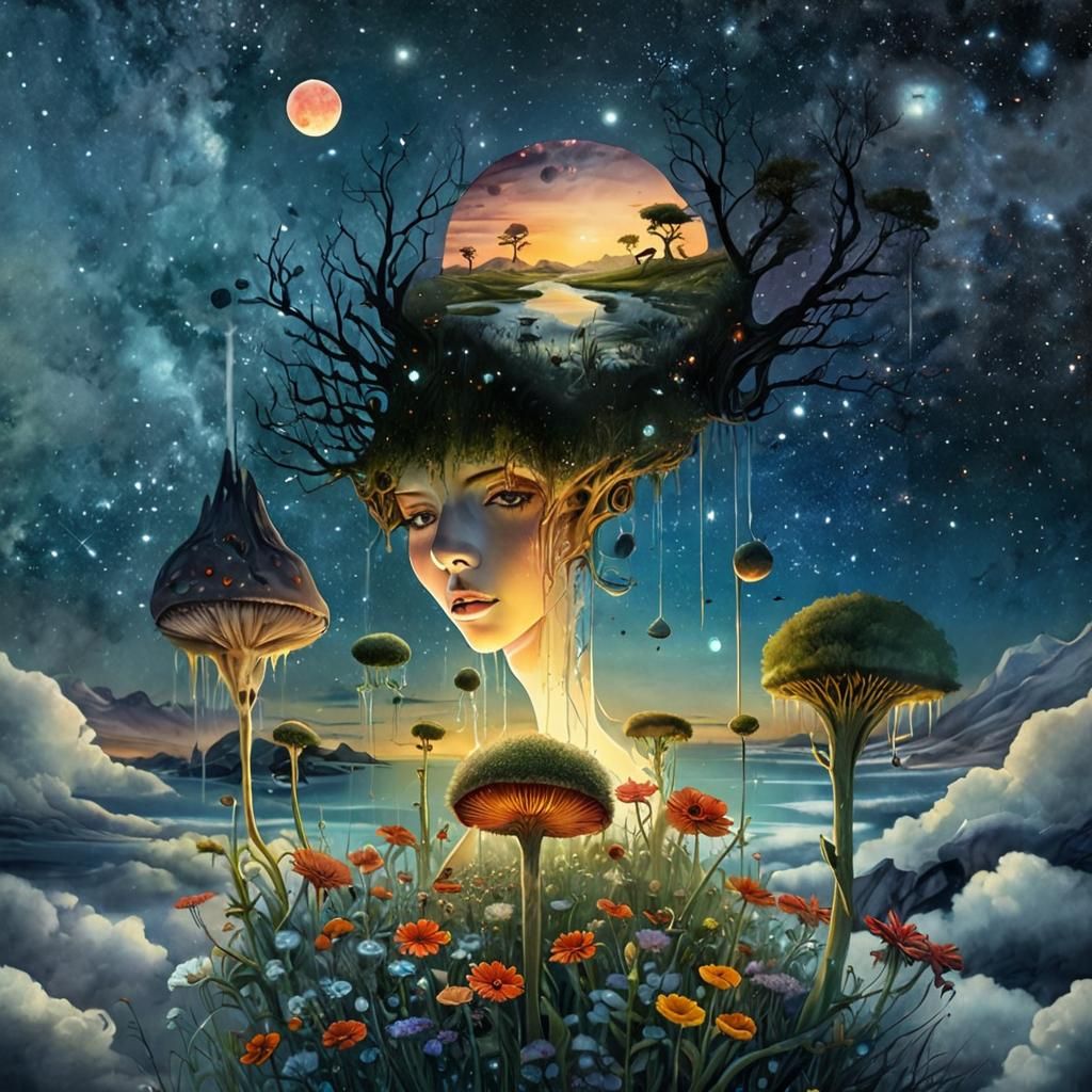 Surreal Watercolor Meadow Dripping Off Planets