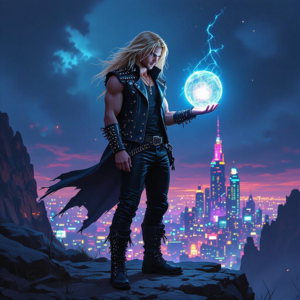 Cyberpunk Man with Crystal Orb Digital Painting