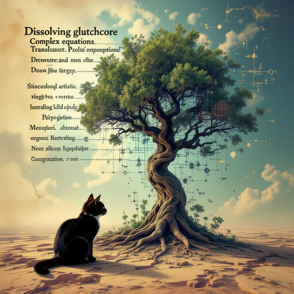 Glitchcore Cat Under Tree with Equations