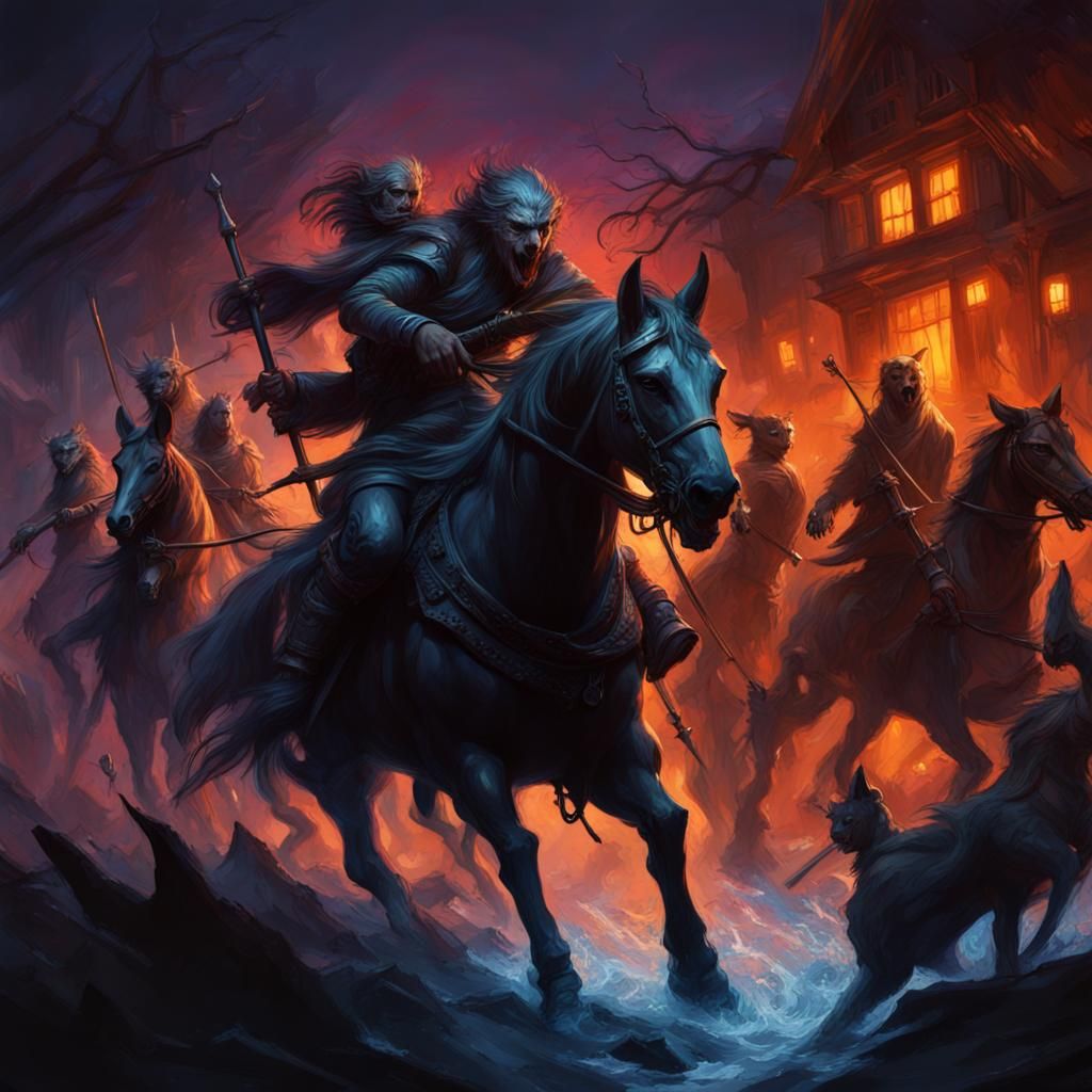 Hyperrealistic Wild Hunt at Night: Spooky Figures