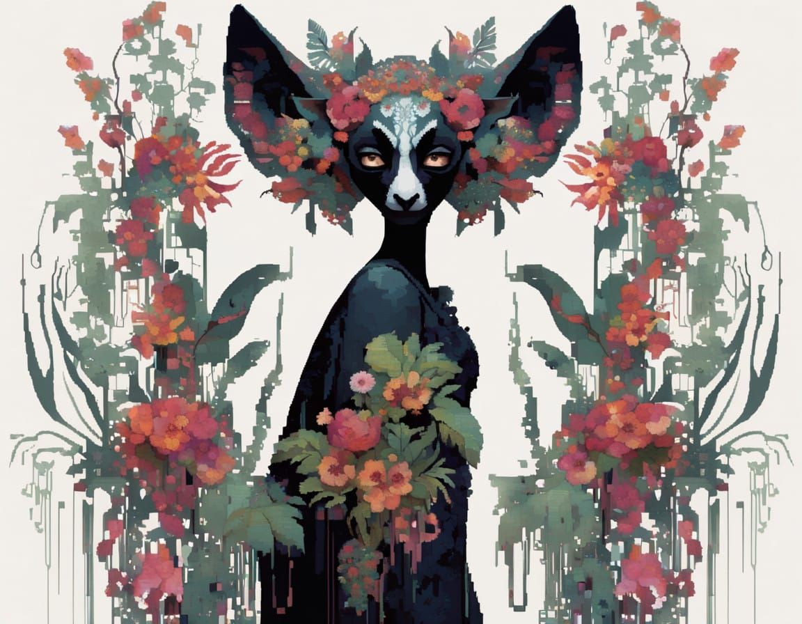 Mysterious Fey with Dark Floral Skin in Pixel Art