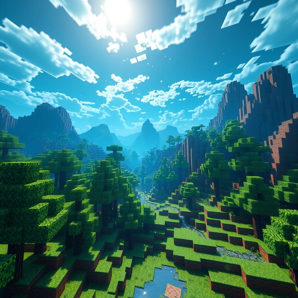 Blocky, Pixelated Minecraft World with Electric Blue Skies a...
