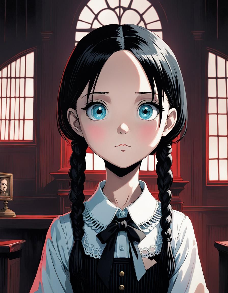 Wednesday Addams Mugshot in Haunted House, Anime Style