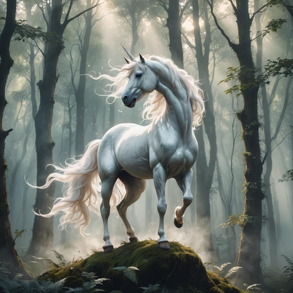 Ethereal White Unicorn in Mystical Forest