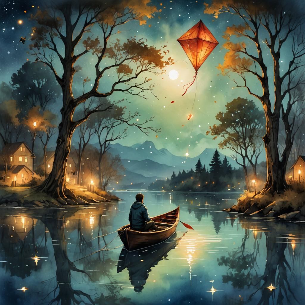 Boy in Boat Flying Kite: Watercolor Fantasy