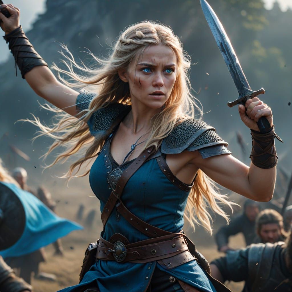 Epic Viking Warrior Maiden Battles in Cinematic Film Still