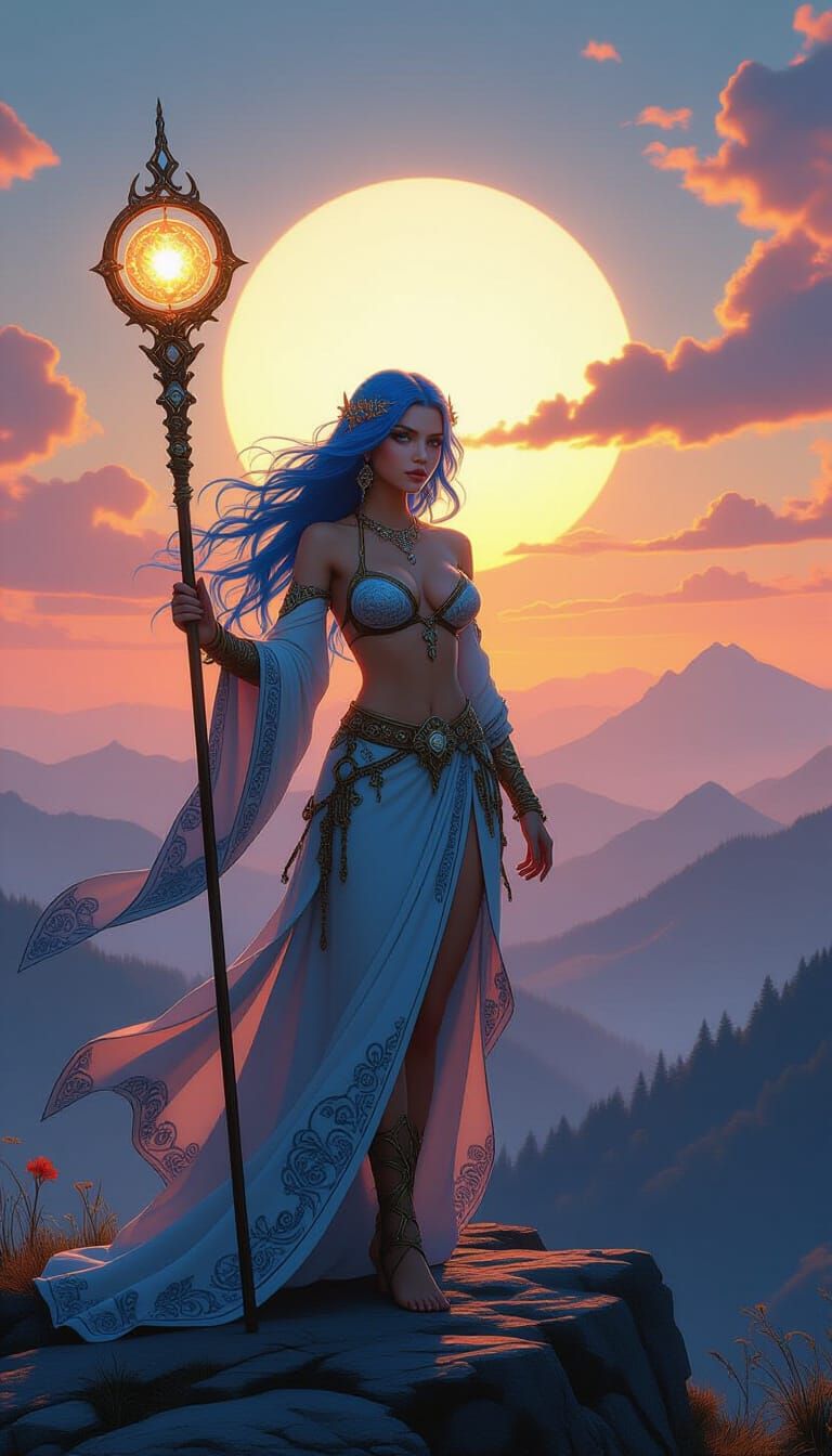 Blue-Haired Sorceress at Sunset: Artgerm and Mucha Style