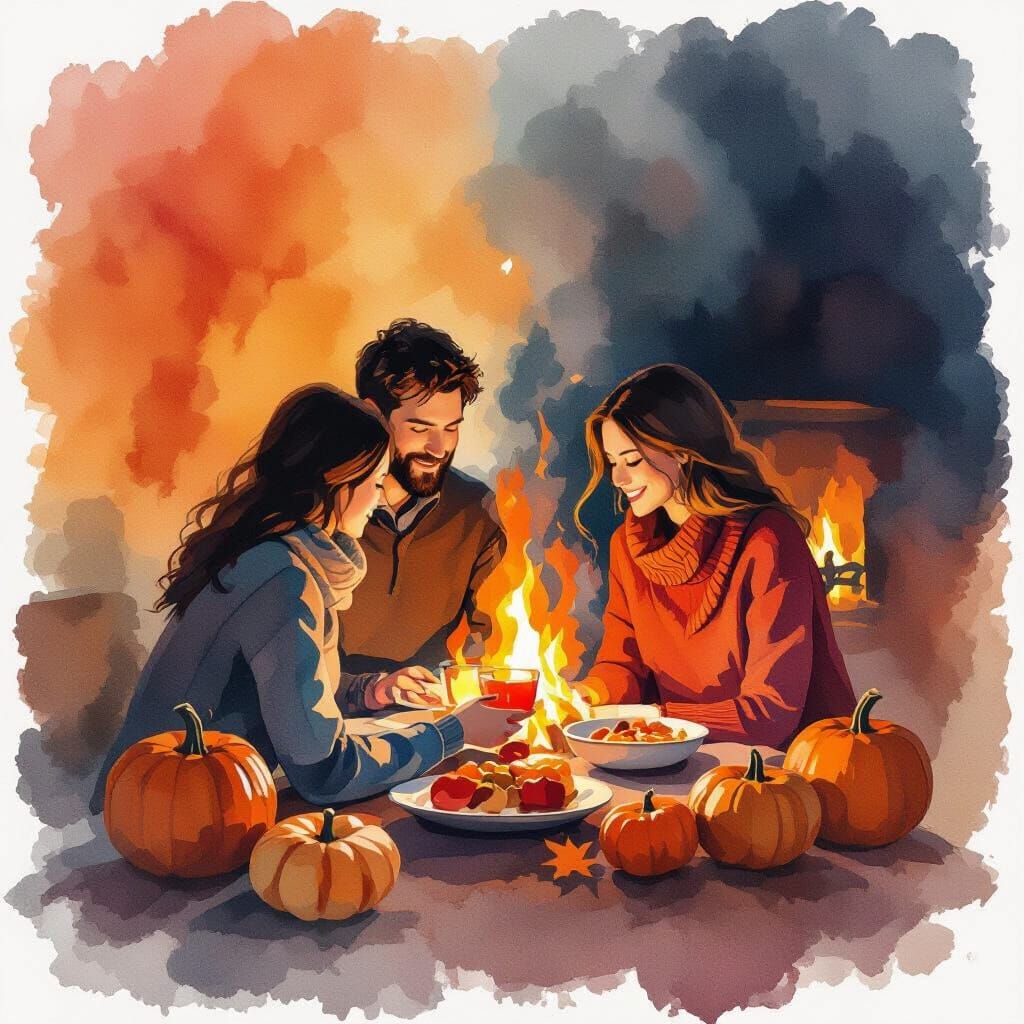 Vibrant Red-Orange Thanksgiving Togetherness in Watercolor S...