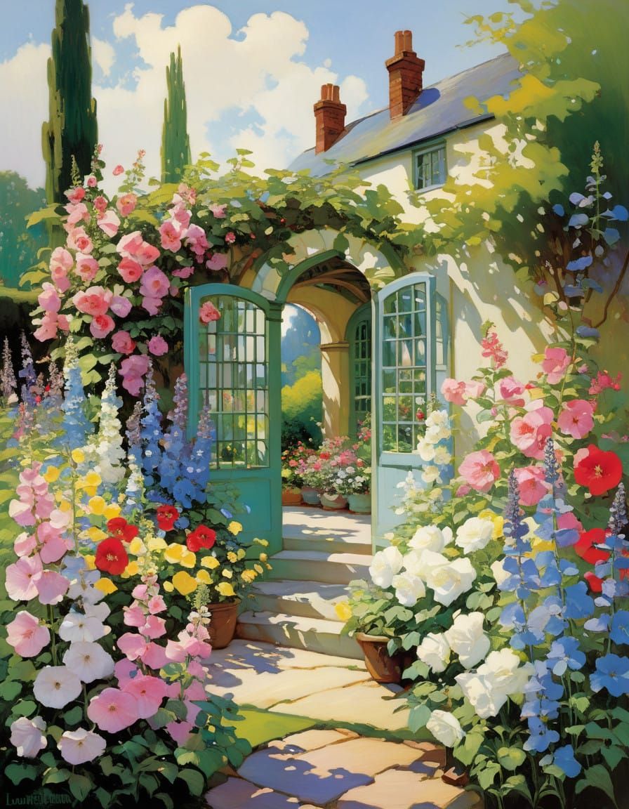 English Garden with Roses and Delphiniums