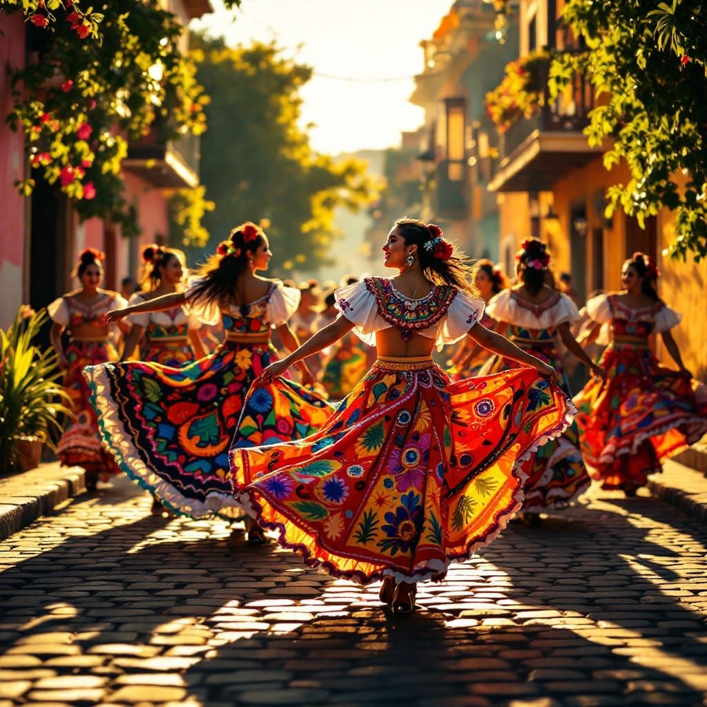 Joyful Mexican Dancers in Vibrant Village Setting
