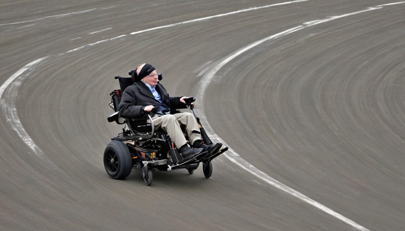 (Stephen Hawking in a rocket powered wheelchair in a race:1....