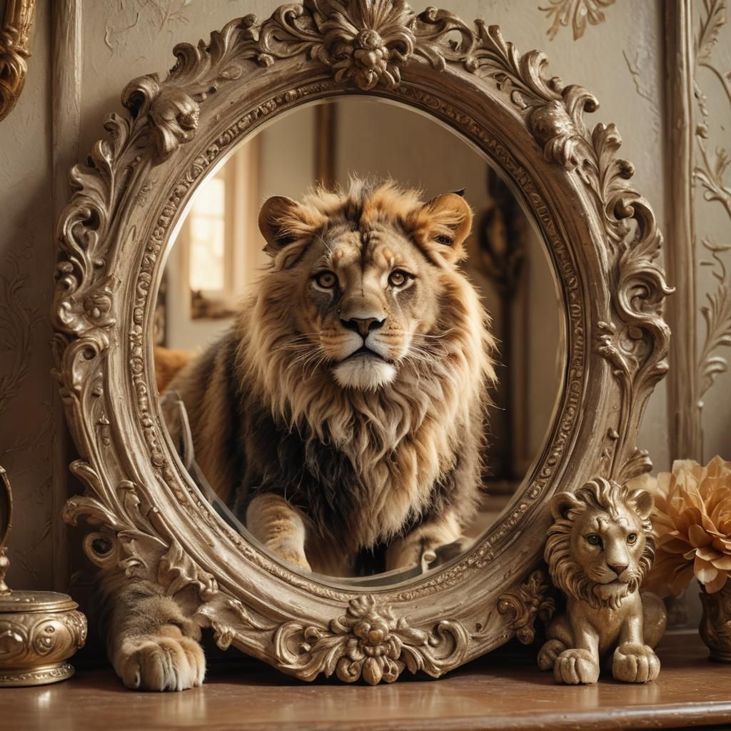 Magical Realism: Cat and Lion Reflection in Mirror