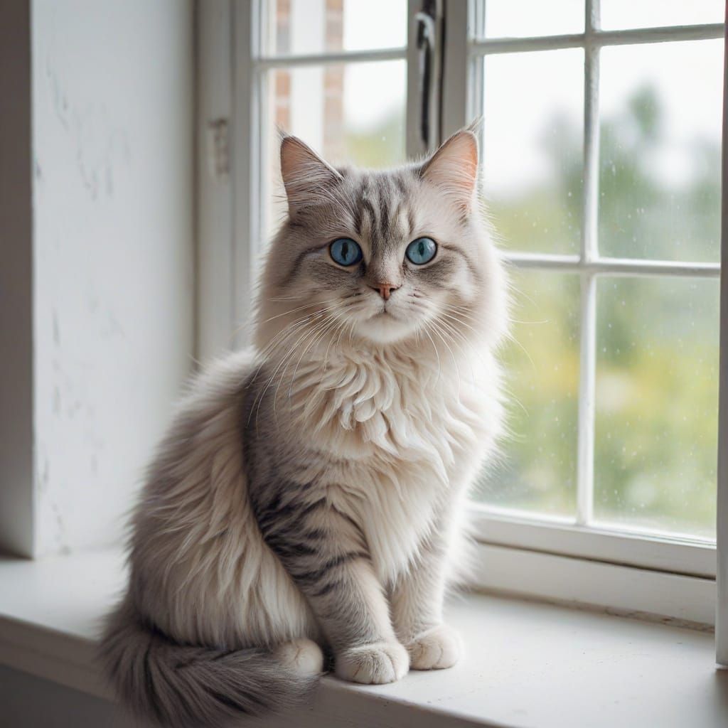 Cute Cat on Windowsill in Whimsical Illustration