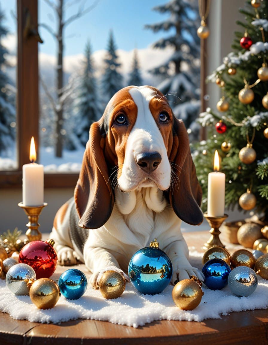Regal Basset Hound Portrait with Festive Forest Scene
