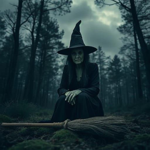Frustrated Witch with Broken Broom in Dark Forest