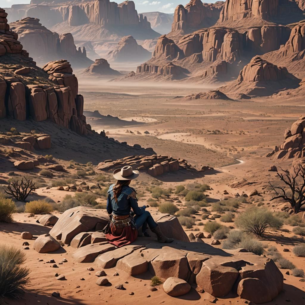 Cowgirl Contemplation in Stark Desert Landscape