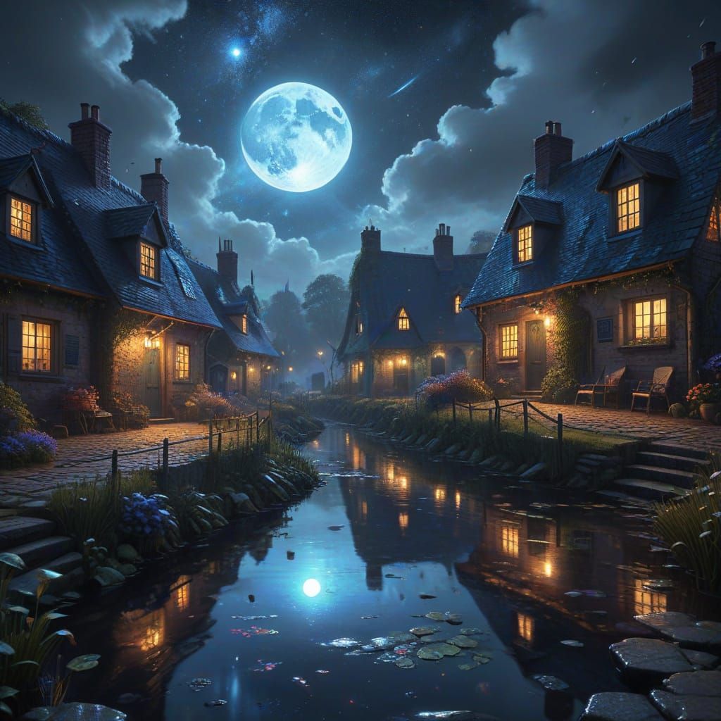 Cosmic Village Under Ethereal Moonlight