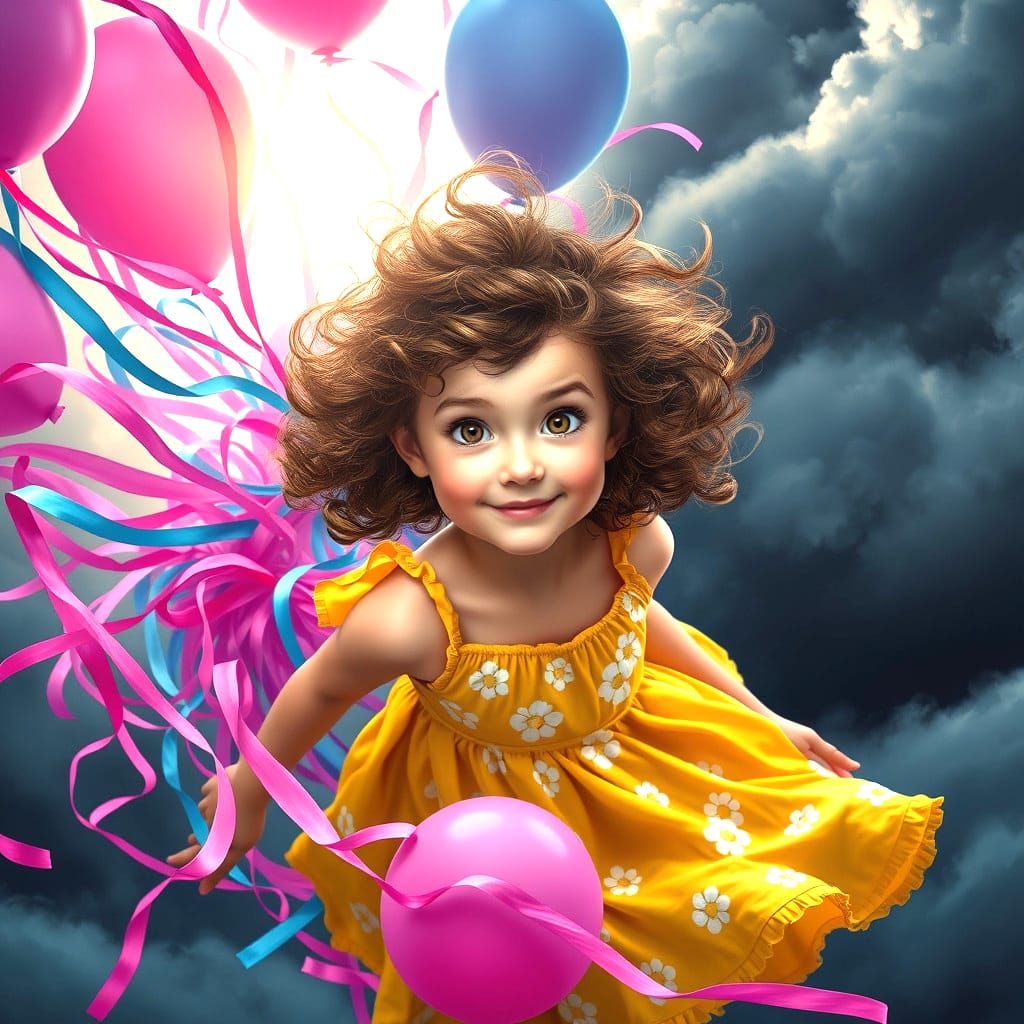Whimsical Girl in Tornado of Balloons, Digital Art