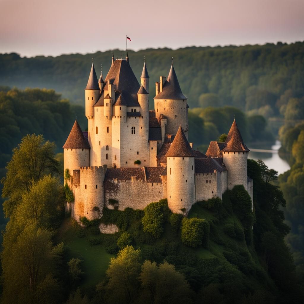 Medieval Castle by Dordogne River at Dusk