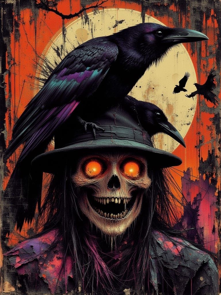 Pop Art Raven Portrait on Haunted Scarecrow in Halloween Nig...