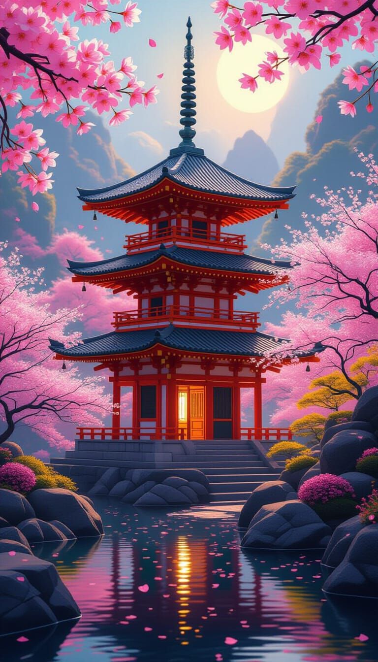 Surreal Bioluminescent Pagoda Under a Magical Night Sky