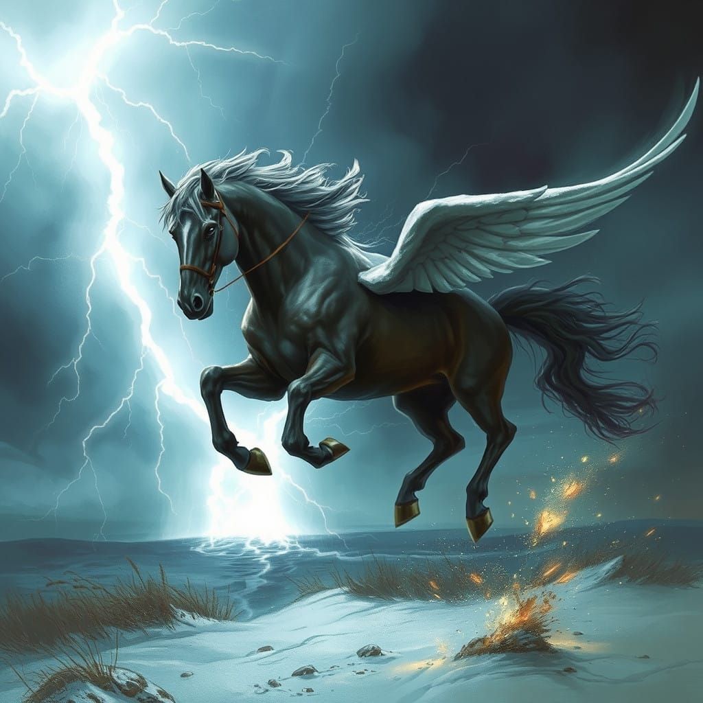 Horse Defies Lightning Storm in a Fiery Cyberpunk Aesthetic