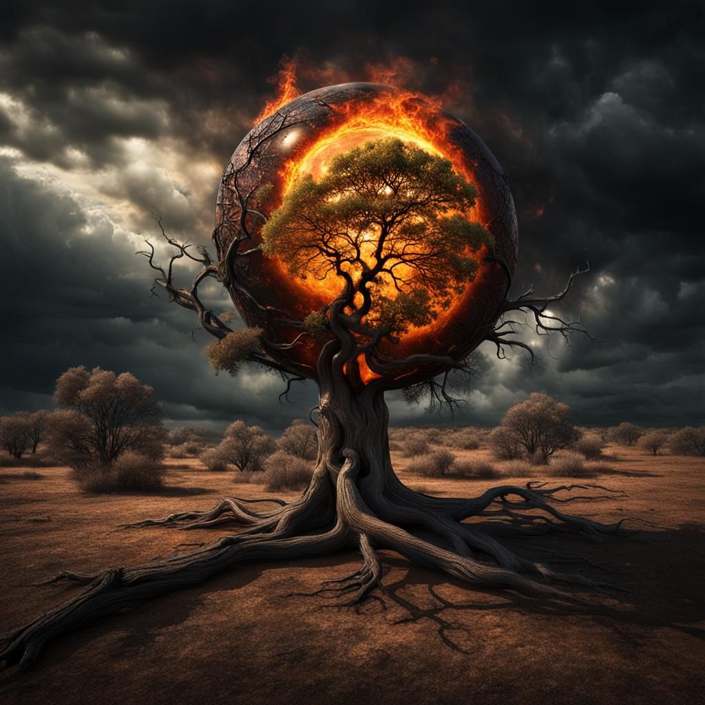 Sci-Fi Dead Tree of Life with Burning Sphere