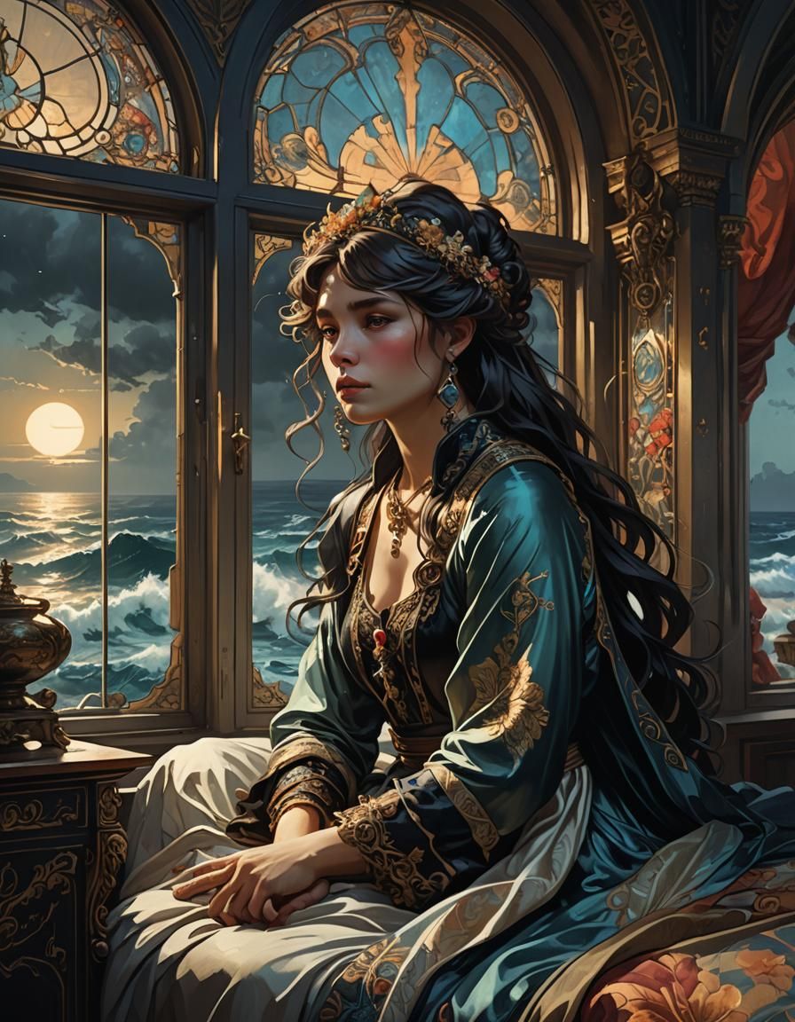 Fantasy Bedroom Overlooking Turbulent Sea, Mucha Style