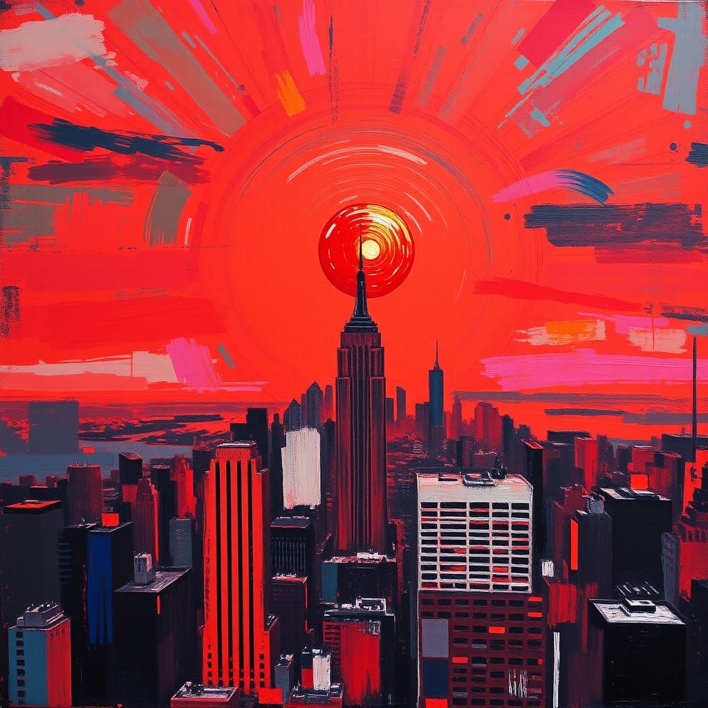 Vibrant Red Sun Over NYC in Abstract Expressionism