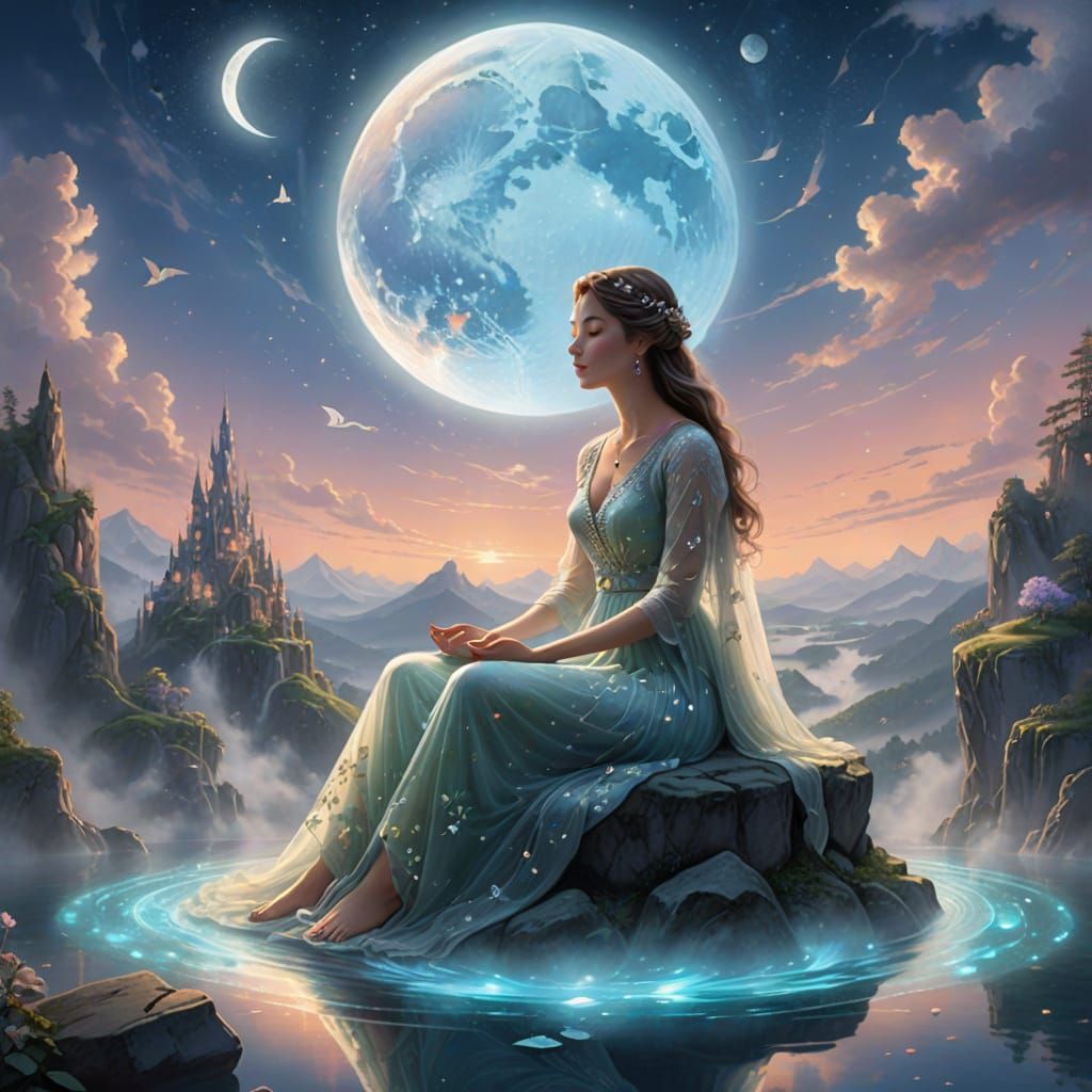 Ethereal Fantasy Art of Woman Meditating Under Moon