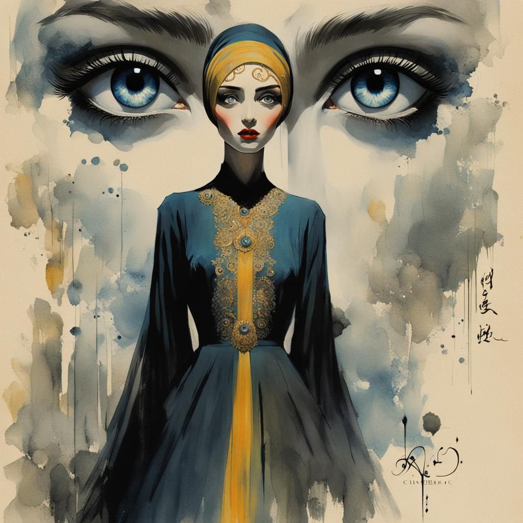 Ethereal Woman with Hypnotic Gaze in Gouache Style