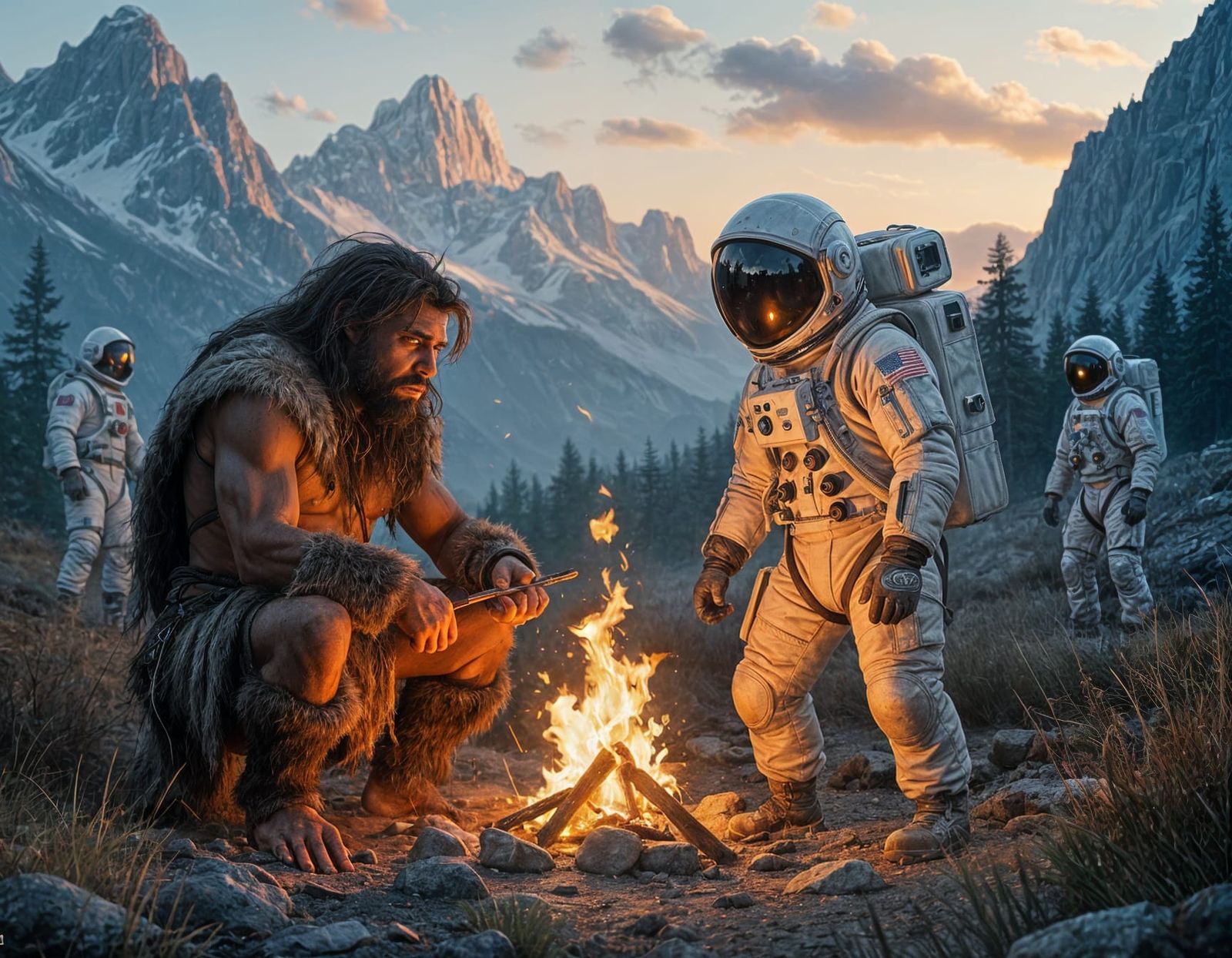 Astronauts Aid Neanderthal in Starting Fire