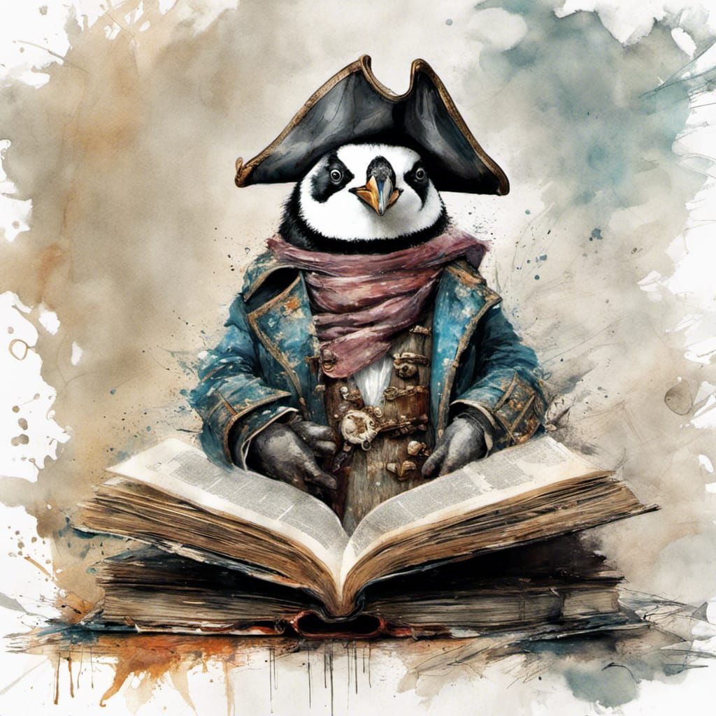 Pirate penguin reading a book