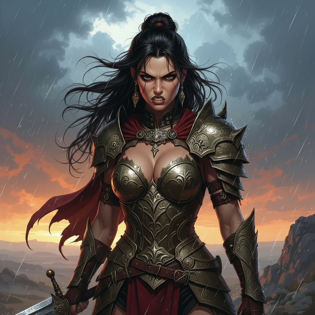 Warrior Princess Stands Defiant in Dark Fantasy Landscape