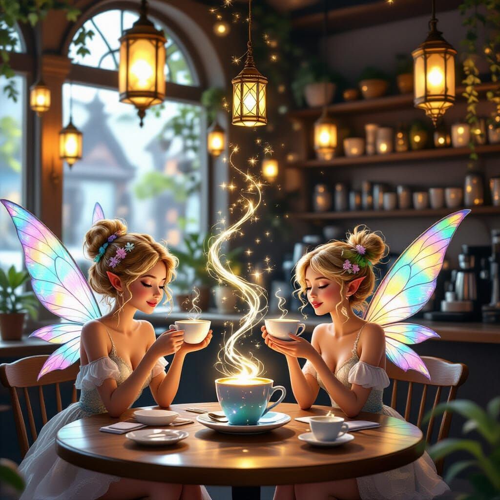 Enchanted Floating Coffee Cup Café with Sprites